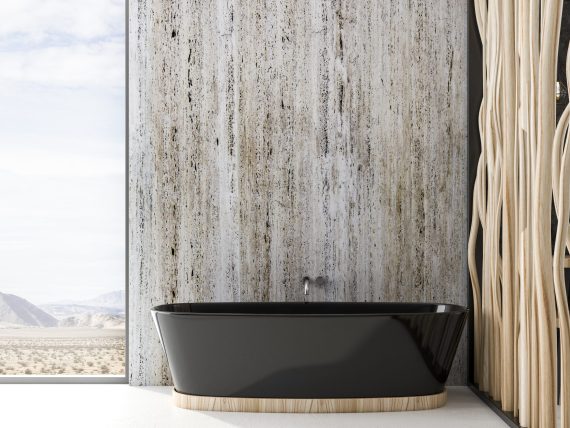great nature view from window of modern bathroom with black bath. 3d rendering